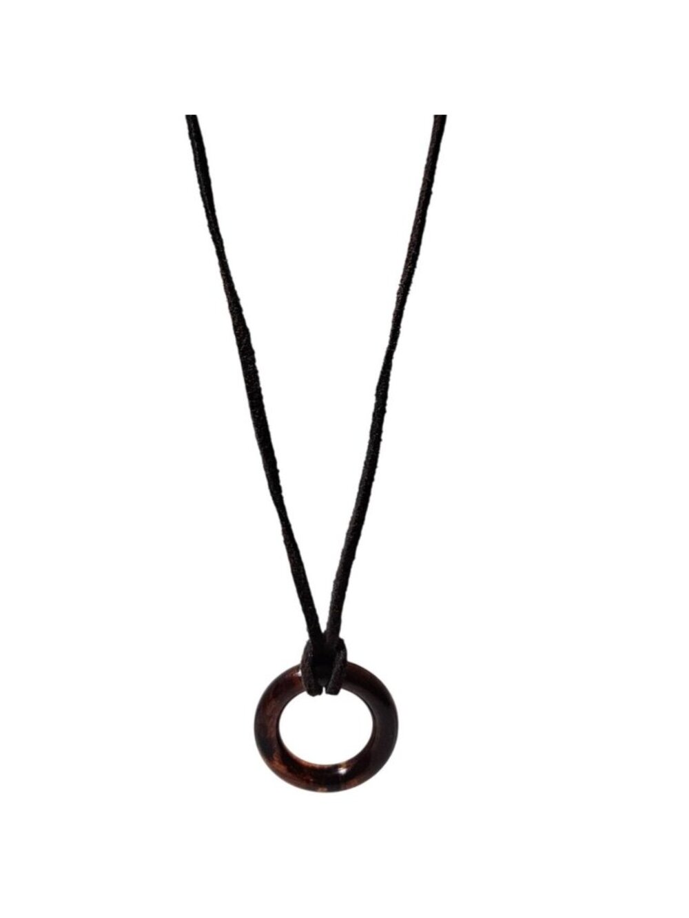 Boho Pendant Necklace Amber Colored Resin Ring Adjustable Brown Suede Cord